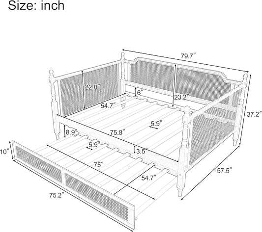 Merax Full Size Bedframe with Full Trundle and Footboard, Vintage Wooden Daybed Platform Bed with Natural Rattan Headboard, No Box Spring Needed, Noise-Free, Antique Walnut