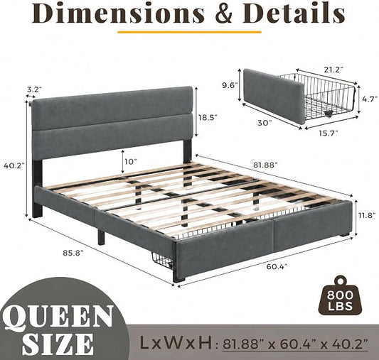 Queen Bed Frame with 2 Storage Drawers, Grey Velvet Upholstered | Platform Bed with Charging Ledge, LED Headboard Lighting, Metal Support, Noise Free, No Box Spring Needed, Easy Assembly