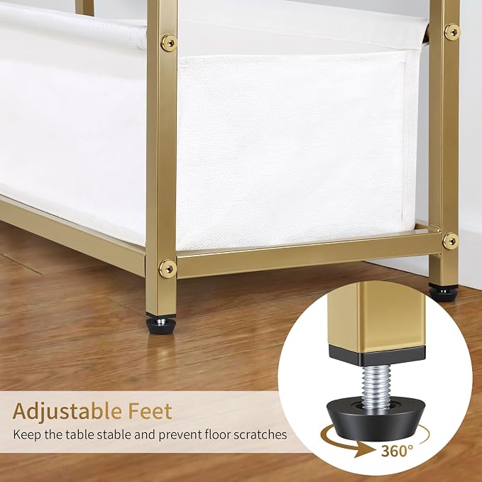 Nesting End Tables Set of 2, Stacking Side Table with Fabric Storage Basket, Small Nightstand for Small Space, Living Room, Bedroom, White Marble & Gold
