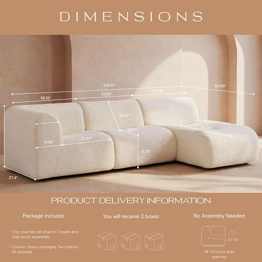 Curved Sectional Modular Couch with Chaise, Modern 105.91'' Boneless Sofa with Deep Seat, Sherpa Boucle Cloud Couch for Living Room, Cozy Teddy L-Shaped Couches, No Assembly, White