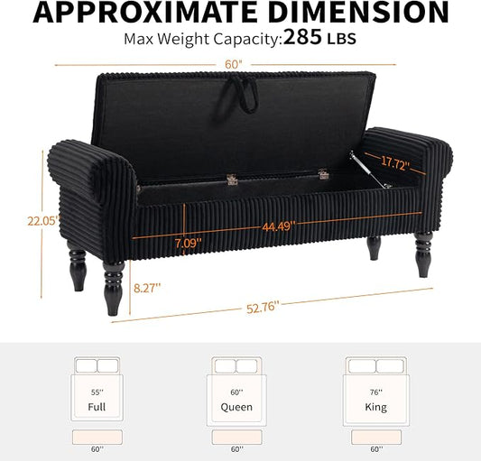 Storage Bench for Bedroom, 60" End of Bed Bench Premium Linen Upholstered Storage Ottoman, Entryway, Closet, Black