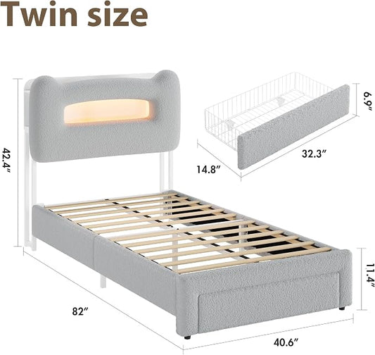 GarveeHome Led Twin Bed Frame for Kids with Drawer, Upholstered Sturdy Platform Bed with Storage Headboard and Charging Station, Noise Free, Easy Assemble, for Girls/Boys, Grey