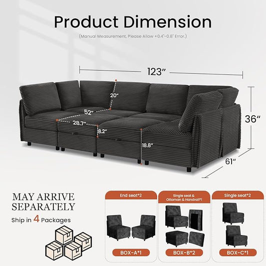 KKL Modular Sectional Sofa Bed with Storage Ottoman, 123 Inch Convertible L/U/J-Shaped Sleeper Couch Plush Wide-Wale Corduroy for Living Room, Apartment, Modern Design, Black