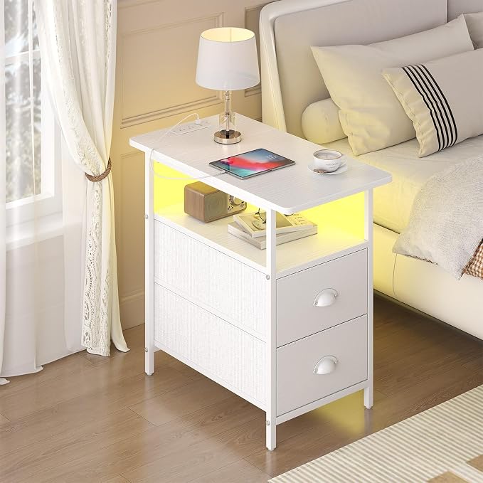 sthmec End Table with Charging Station, Narrow Side Table with 2 Drawers, LED Nightstands with Drawers, USB Ports & Power Oulets,Slim Sofa Side Tables for Small Spaces,Living Room,Bedroom,White