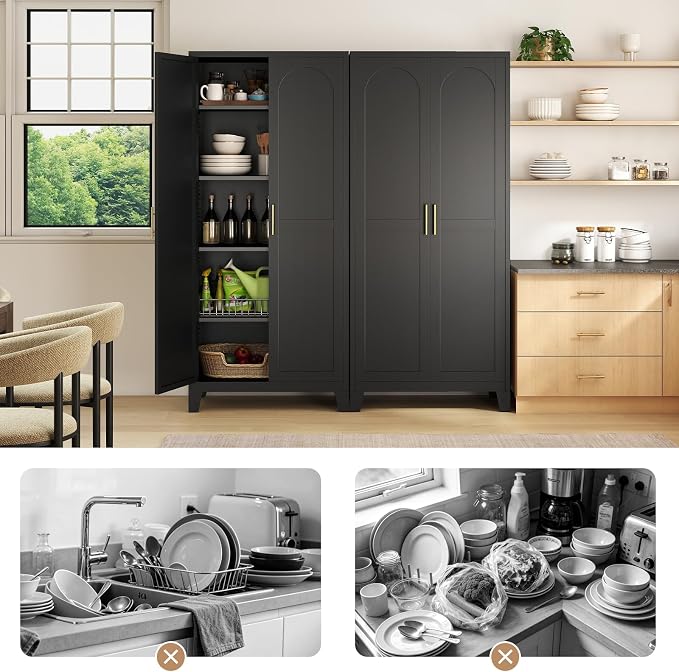 Zevemomo 70.87" H Metal Kitchen Pantry Cabinet, Freestanding Cupboard with 2 Doors and 4 Adjustable Shelves, Tall Metal Storage Cabinet for Kitchen, Bathroom, Dinning Room or Laundry Room (Black)