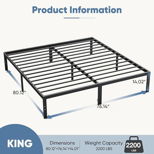 DUMOS King Size 14 Inch Bed Frame - Metal Platform Bed Frame Mattress Foundation with Steel Slat Support, No Box Spring Needed, Storage Space Under Base, Easy Assembly, Black