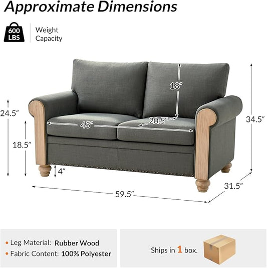 Farmhouse Loveseat with Rolled Arms,Stripe Modern Sofa with Brushed Wood Gourd Feet & Copper Nailhead Trim, Linen Fabric Upholstered Couches for Living Room, Charcoal