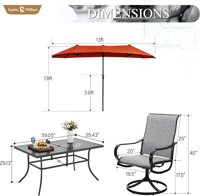 Sophia & William Patio Set with Umbrella 8 Pieces Outdoor Dining Set for 6 with 13ft Umbrella Orange Red, 6 x Grey Swivel Patio Chairs with 59" Dining Table for Lawn Garden (No Umbrella Base)