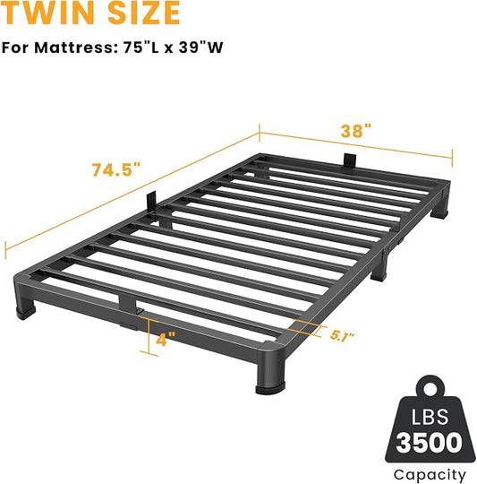 Superay 4 Inch Twin Bed Frame Low Profile, Heavy Duty Metal Platform Bed Frame with Round Corner Legs, Sturdy Mattress Foundation, No Box Spring Needed, Easy Assembly, Noise Free, Black