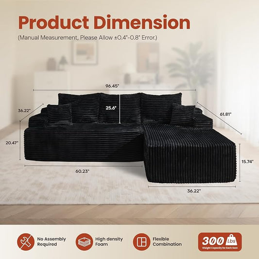 ovios 96" Cloud Sectional Couch with L-Shape Chaise,Modern Modular Sofa with Deep Seat, Upholstered Couches for Living Room Bedroom,No Assembly Required, Black (Plush Corduroy Fabric)