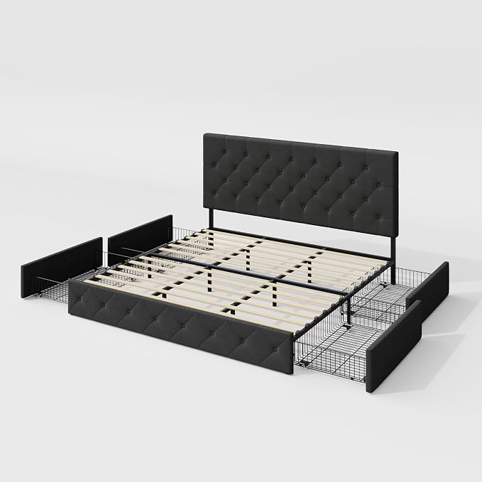 Allewie Upholstered King Size Platform Bed Frame with 4 Storage Drawers and Headboard, Diamond Stitched Button Tufted, Mattress Foundation with Wooden Slats Support, No Box Spring Needed, Dark Grey