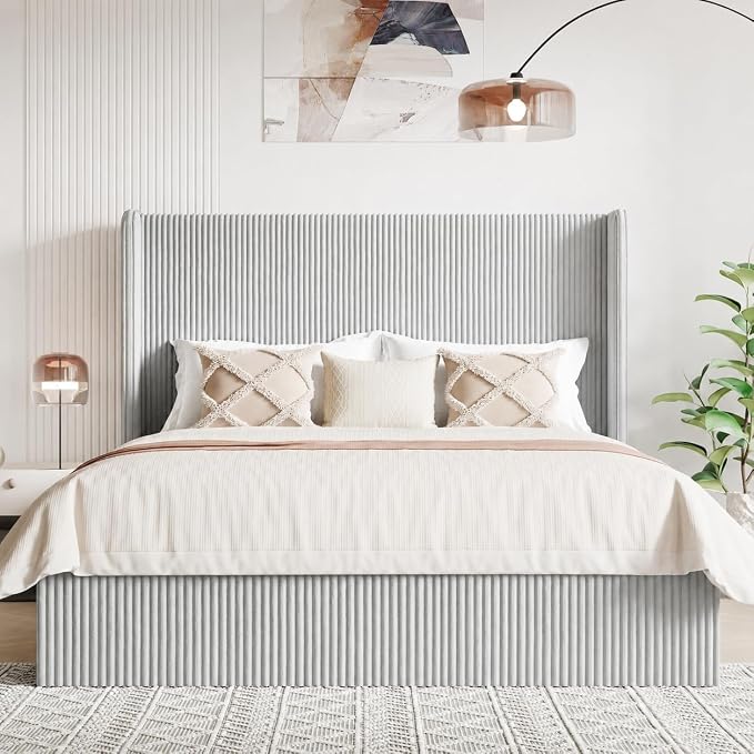 Allewie Full Lift-Up Storage Bed Frame with Modern Wingback Headboard, Corduroy Upholstered Platform Bed, Hydraulic Gas Lift Support, Underbed Storage, Wooden Slats, No Box Spring Needed, Grey
