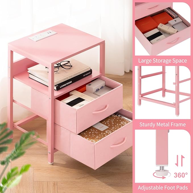 Yoobure Nightstand with Charging Station, Small Night Stand with Fabric Drawers and Storage Shelf for Bedrooms, Nightstands for Small Spaces, Bedside Table with USB Ports & Outlets Bed Side Table
