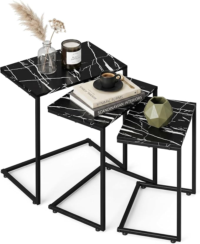 SUPER DEAL Nesting Tables Set of 3, Industrial C Shaped End Table Stackable Coffee Table Heavy Duty Metal Frame for Small Space, Living Room, Bedroom, Side Table Tray for Laptop Snack, Black