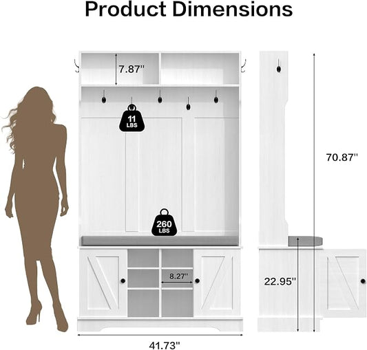 71" Hall Tree with Bench and Shoe Storage, Entryway Hall Tree with 2 Doors and 6 Adjustable Shelves, Cushioned Storage Bench with Coat Rack for Hallway, Living Room, Mudroom