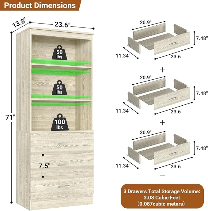 Aheaplus 47.2" Closet Drawers System, 3.94FT Wood Closet Organizer System with 3 Drawers, Modular Small Walk-in Closets Storage Unit, Set of 2, White Oak (47.2" L x 13.8" W x 71" H)