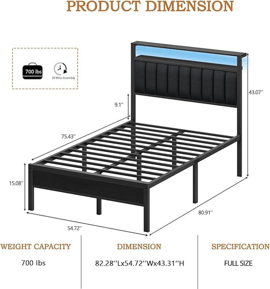 Furnulem Full Size Bed Frame with Charging Station and LED Lights, Platform Bed with Metal Slats, Grey Upholstered Headboard with 2-Tier Storage Shelves, No Box Spring Needed
