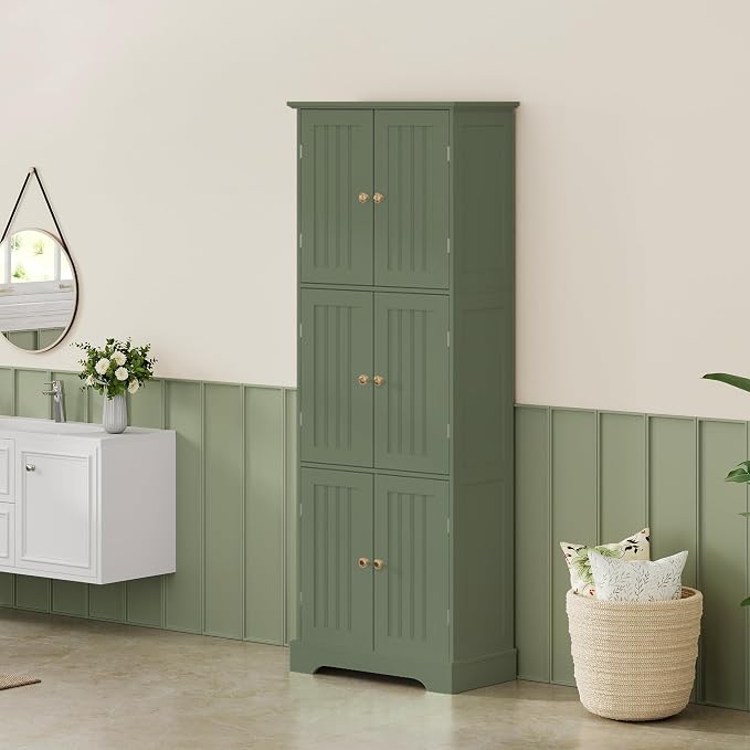 ChooChoo Tall Bathroom Storage Cabinet with 6 Doors, Freestanding Floor Cabinet with Adjustable Shelves, Green Pantry Cabinet for Bathroom, Kitchen, Laundry Room