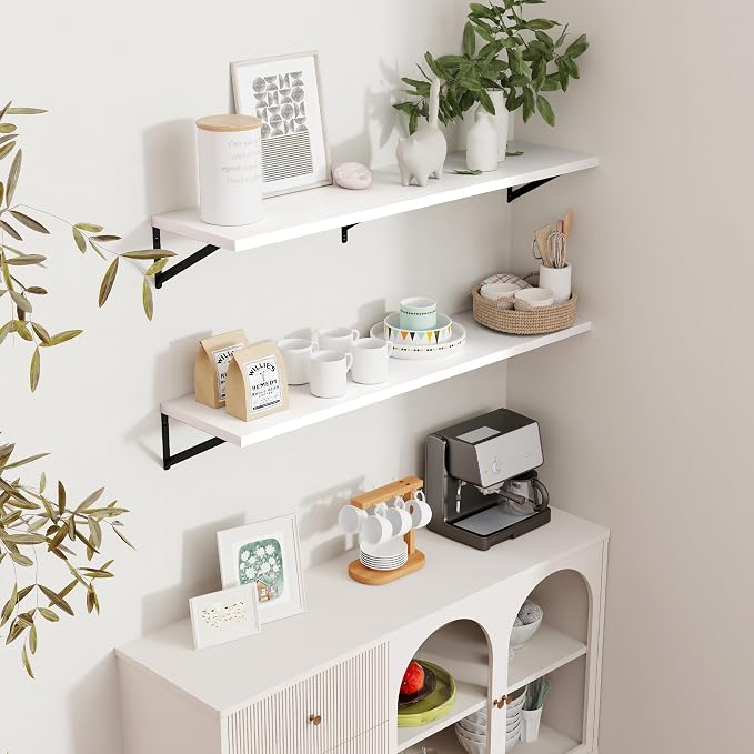 Axeman Floating Shelves for Wall White - 48 Inch Wide x 12 Inch Deep Wall Shelves Set of 2 - White Deep Wood Floating Shelves for Living Room Bedroom Laundry Room