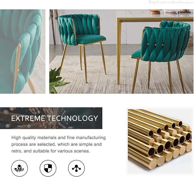 Velvet Dining Chairs Set of 6, Modern Upholstered Dining Room Chairs with Golden Metal Legs and Woven Backrest for Dining Room, Kitchen, Vanity, Living Room (Green)