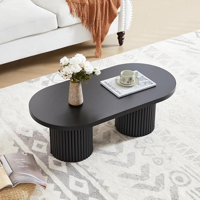 Small Fluted Coffee Table, Farmhouse Oval Wood Coffee Table Mid Century Modern Center Table Boho Living Room Tables for Living Room, Black