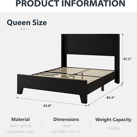 Queen Bed Frame with Faux Leather Upholstered Headboard, Wear-Resistant, Easy Clean, Mattress Foundation, No Box Spring Required, Easy Assembly, Black