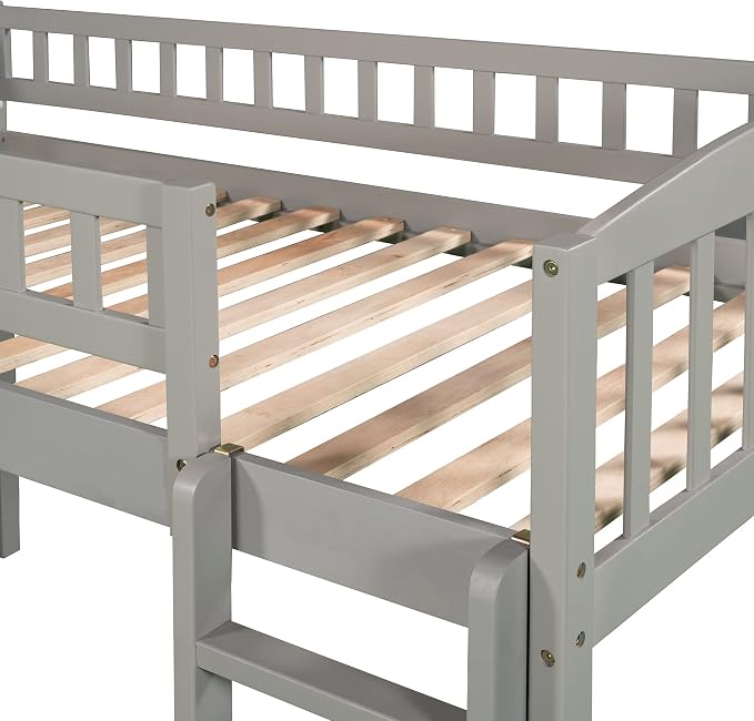 YOPTO Twin Size Loft Bed with Slide and Ladder,Multifunctional Solid Wood Bed Frame,w/Safety Guardrail & 14 Support Slats,No Box Spring Needed,for Kids, Teens, Girls, Boys,Grey