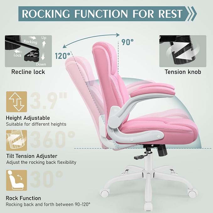 Leather Office Chair, PU Home Computer Desk Chairs with Ergonomic Back Support, 360°Swivel Free,Small Gaming Chair with Wheels and Adjustable Armrests, for Short People Use