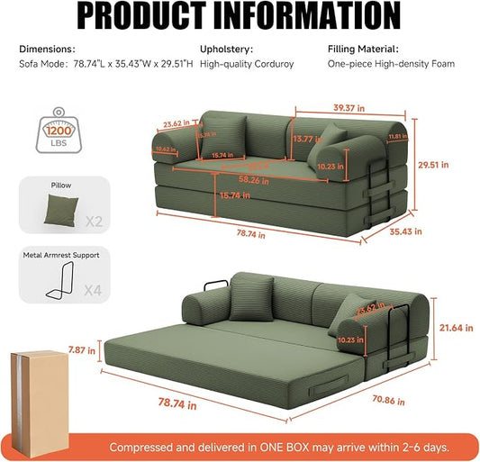 78.8" Boneless Memory Foam Couch, Corduroy Convertible Floor Sofa Bed, Fold-Out Sleeper Futon Loveseat, Wide Armrests & Supportive Back, 1200 lb, Couch in a Box, 2 Pillows, Light Green