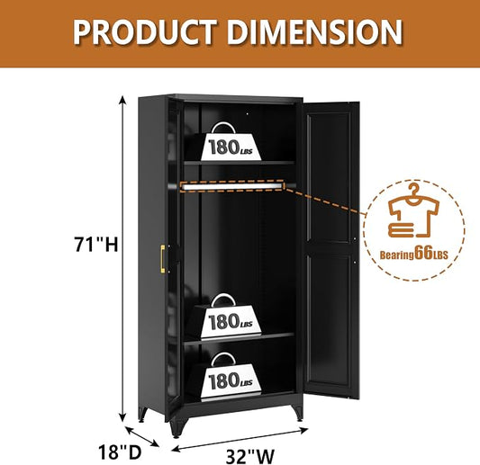 Polup Metal Armoire Wardrobe Closet with Hanging Rod, 71" Tall Wardrobe Cabinet for Clothes, Black Clothing Storage Cabinet with Doors and Shelves, Large Wardrobes for Bedroom, Office, School, Gym