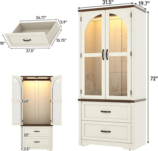 Tall Farmhouse 2 Doors Armoire Wardrobe Closet with LED ,72" Freestanding Arched Wardrobe Closet Cabinet for Bedroom w Glass Doors/Drawers,Wooden Clothing Storage Cabinet,Closets for Bedroom(White)