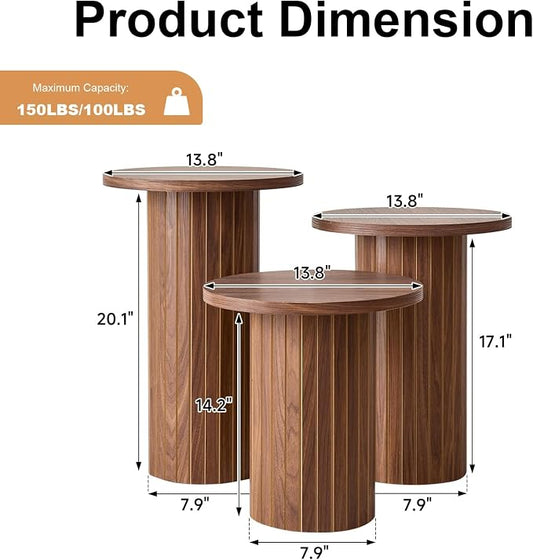 3-Piece Nesting Coffee Table Set, Modern Small Round Side Tables Fluted Drum Base, for Living Room Bedroom Apartment Small Space, Brown