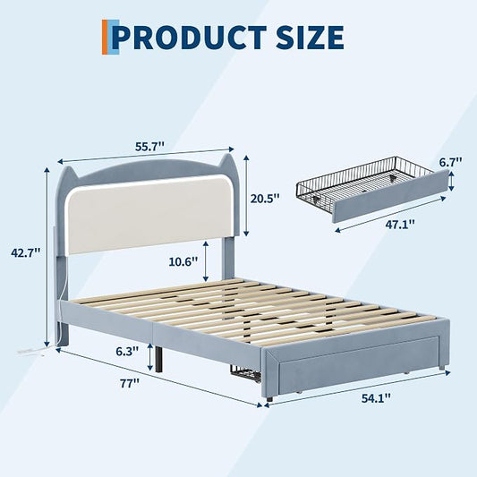 Garvee Full Size Bed Frame with Storage Drawer and Cat Headboard, Platform Bed Frame with RGB LED Lights, Strong Wood Slats Support, Noise Free, No Box Spring Needed, Easy Assembly, Blue and White