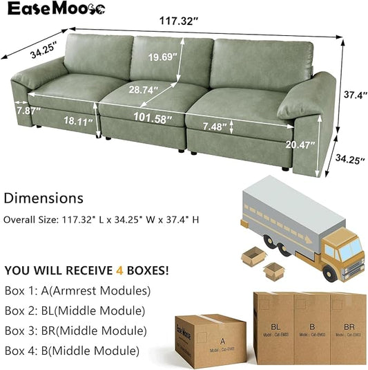 EASE MOOSE 3 Seater Deep Seat Sectional Sofa,Scratch Resistant Faux Leather Material, Oversized Modular Couch,Classic Comfy Sofas for Small Spaces, Green
