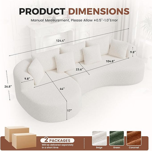 Luxanimarion 124" Curved Modular Sectional Sofa Oversized, L-Shape Boneless Couches for Living Room with Deep Seat and 7 Pillows, High-Density Memory Foam, Beige Chenille Fabric, No Assembly Required