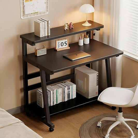 Rolling Computer Desk, 39.4 Inch Small Desks For Small Space, Portable Small Computer Desk with Monitor Stand & 3-Tier Storage, Portable Desk on Wheels for Writing, Home Office, Small Desk for Bedroom