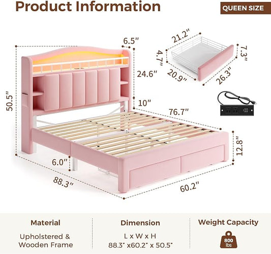 Queen LED Bed Frame with Storage Headboard & 2 Storage Drawers, Princess Velvet Upholstered Bed with Vertical Tufted Headboard Design for Girls, USB & Type-C Charging Ports, Wooden Slats Support, Pink