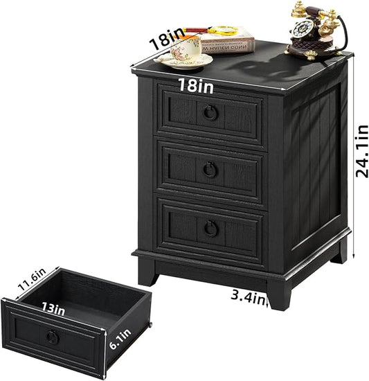 Joaxswe 18" Farmhouse Night Stand with 3 Drawers, Wood End Table Dresser for Bedroom, Black Nightstand, Bed Side Table with Metal Handle, Bedside Cabinet for Bedroom Living Room, Closet
