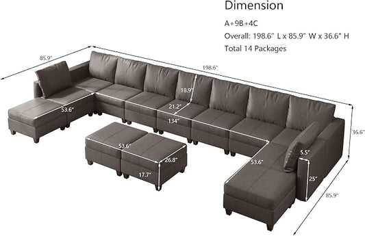 EASE MOOSE Faux Leather Modular Couch Sectional Sofa with Storage Ottomans, Oversized U Shaped Couch, Grey