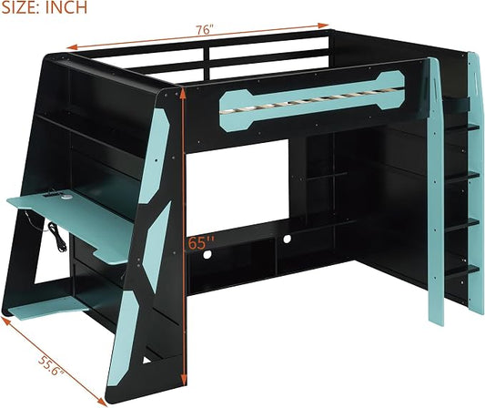 Merax Full Size Loft Bed with Desk, Multi-Storage Shelves and RGB Light | Space-Saving Wooden Gaming Bed Frame with Charging Station and Guardrail