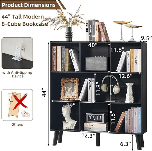 LEYAOYAO 8 Cube Bookshelf,3 Tier Bookcase with Legs,Black Mid-Century Modern Bookshelves,Large Open Storage Organizer Shelf, Wooden Book Case