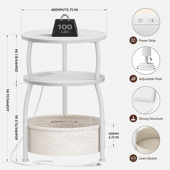 Round Side Table with Charging Station, USB Type C Port, White | Small Table with Storage Basket,Tall Side Table for Sofa,Small Spaces, Nightstand for Living Room Bedroom, 15.75in