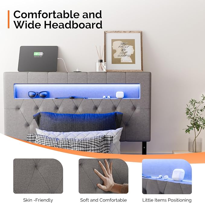 VINGLI Twin Floating Bed Frame with Headboard Heavy Duty Metal Frame, Storage Shelf, LED Lights Charging Station, Modern Platform Bed, Adjustable Headboard, No Box Spring Needed, Grey