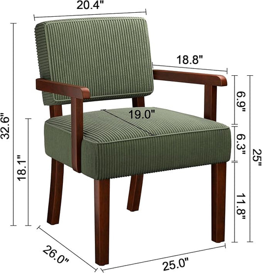 FAGAGA Corduroy Accent Chair, Mid Century Modern Armchairs with Solid Wood Frame, Oversized Reading Leisure Chair for Living Room, Bedroom (Corduroy Green, One Chair)