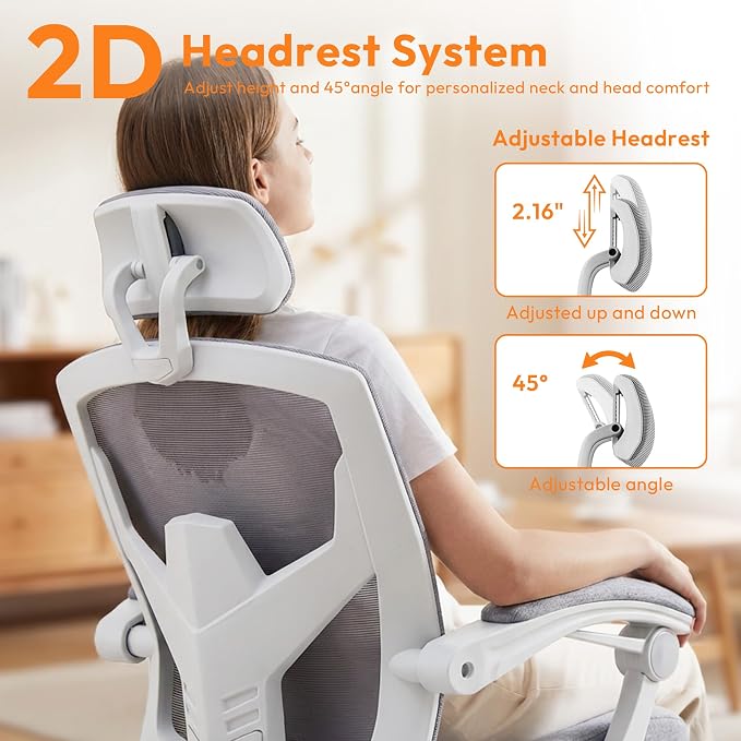 Ergonomic Office Chair with Footrest, Comfortable Desk Chair Gaming Chair with Leg Rest, Swivel Mesh Desk Chair with Headrest and Lumbar Support for Home, Office, Work, Study, Grey