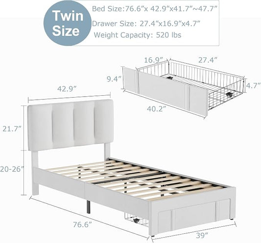 VECELO Twin Bed Frame with Storage Drawer, Heavy-Duty Platform Bedframe with Headboard & Strong Wooden Slats Support, No Boxing Spring Needed, Pure White