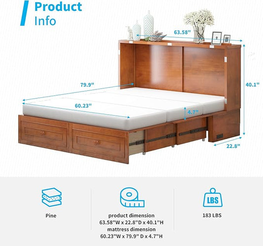 Mjkone Murphy Bed Queen with Tri-Folding Mattress, Queen Modern Cabinet Beds with 2 Storage Drawers & USB Charging Station, Adults Wooden Wall Chest Bed for Apartment Bedroom (Cherry)