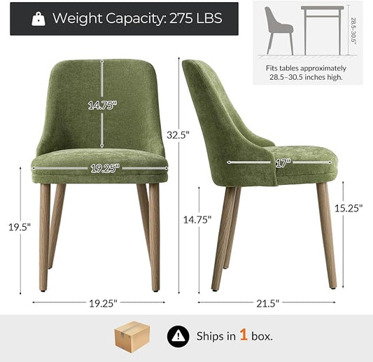 Upholstered Dining Chairs Set of 2, Fabric Dining Room Chairs with Curved Backrest, Solid Wood Legs, Modern Kitchen Chairs for Dining Room Living Room, Moss