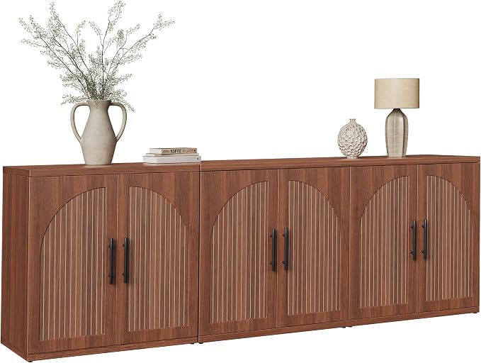 MapleGrace 63" Fluted Buffet Cabinet with Storage, Mid-Century Symmetrical Arched Sideboard Credenza with Adjustable Shelf, Large Wood Console Table for Dining Room, Kitchen, and Living Room (Walnut)