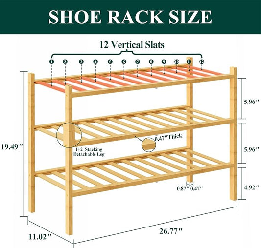 Smiry Bamboo Shoe Rack, 3 Tier Free Standing Wooden Shoe Organizer, Stackable Wood Shoe Storage Shelf for Closet, Entryway, 12 Vertical Slats, 2+1 Stack Standard Legs, 26.8"x11"x19.5", Natural
